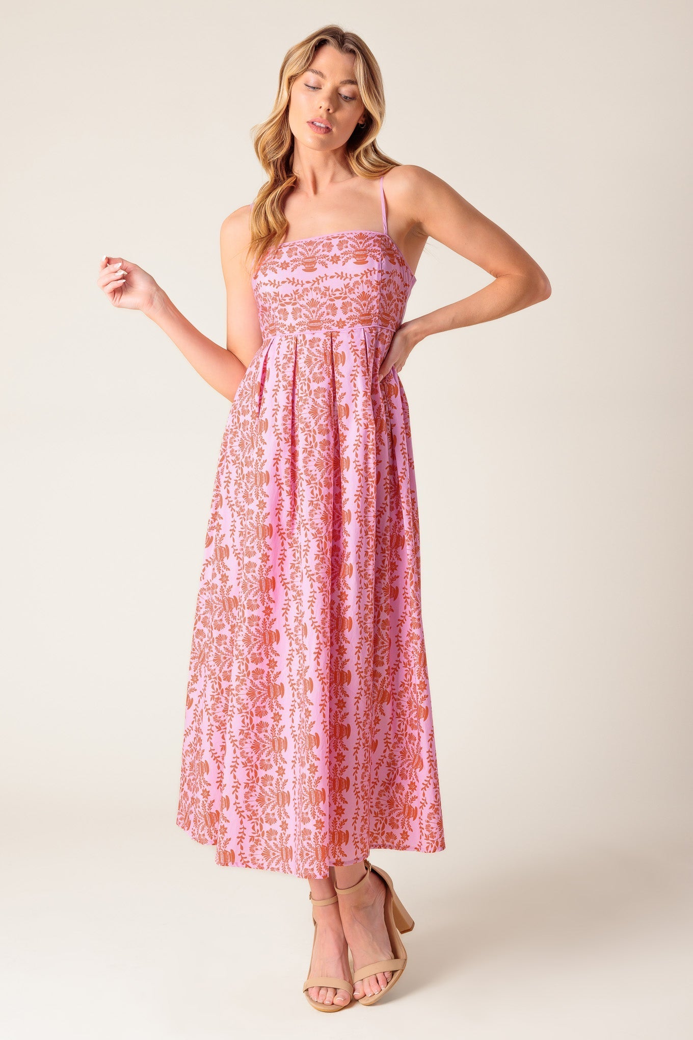 THE EVETTE PINK WOVEN MIDI DRESS Flying Tomato